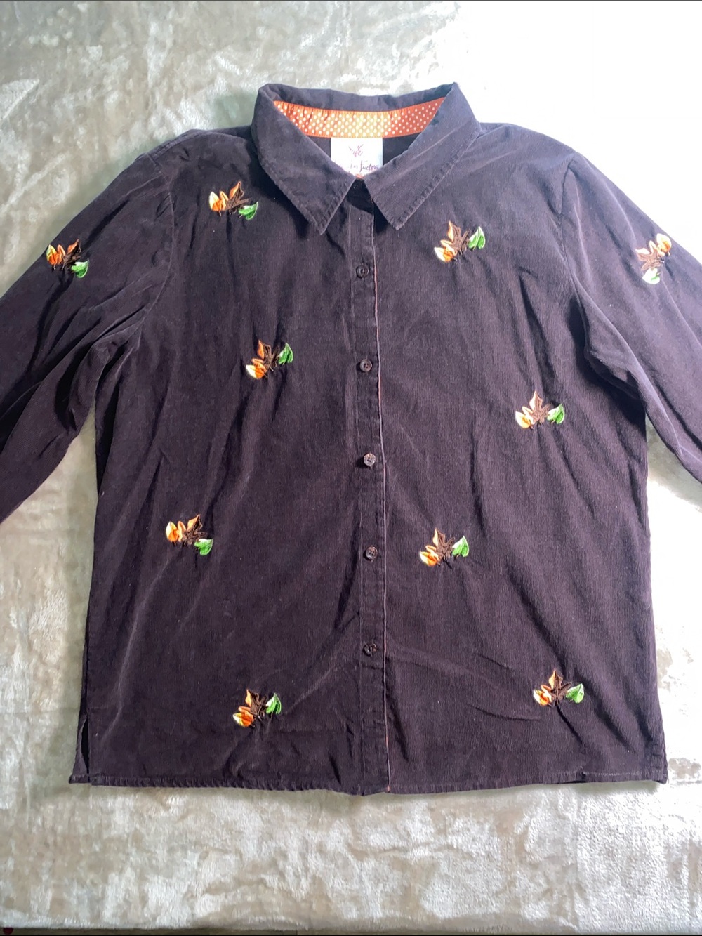 Vintage Embroidered Brown Button-Down Top with Orange Leaf Accents Fall Shirt